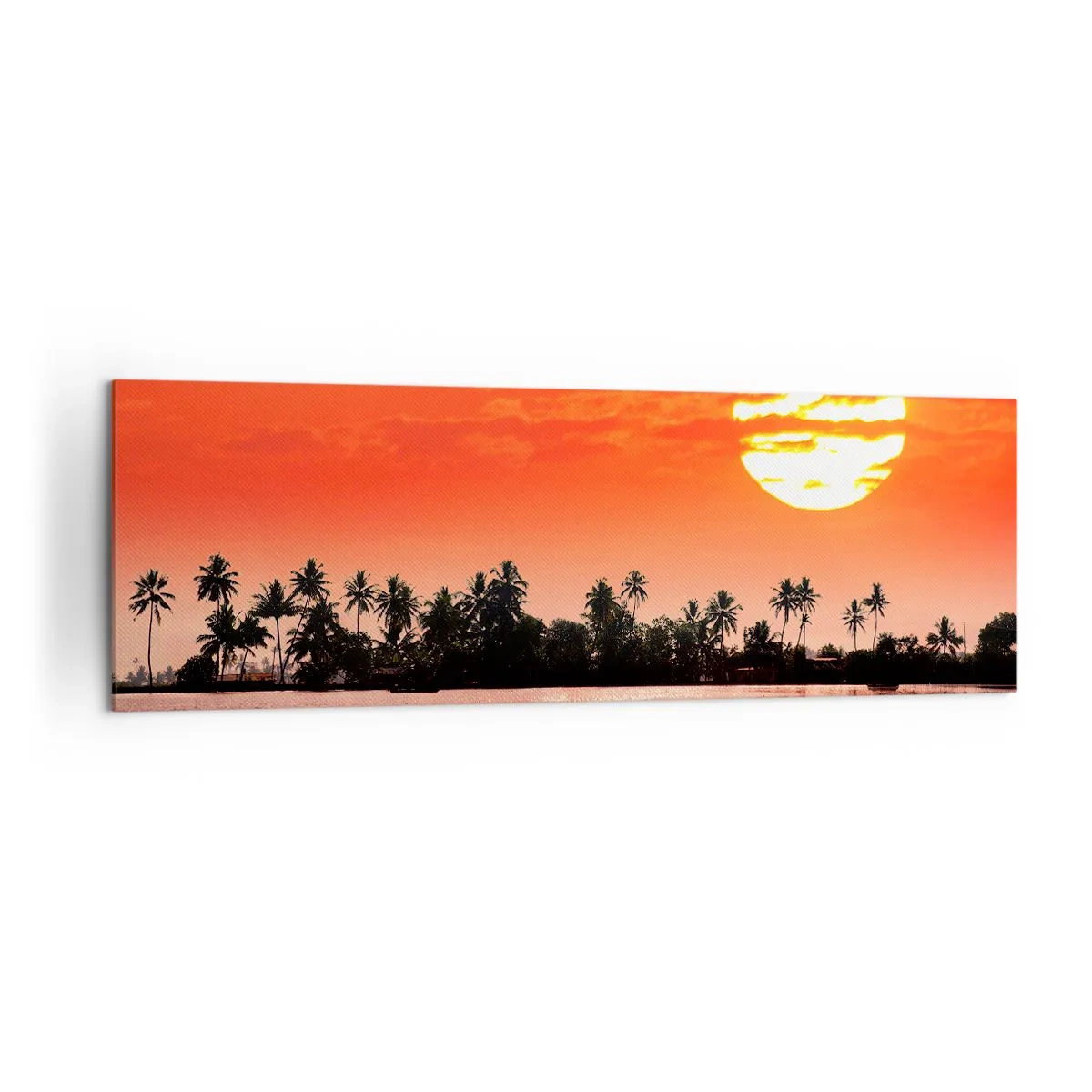 Bild auf Leinwand - Leinwandbild - Tropischer Sonnenuntergang mit einem Boot und Palmen im Hintergrund - 160x50cm - Die Ruhe der Tropen bei Sonnenuntergang - Moderne Wanddekoration für Wohnzimmer und Schlafzimmer ARTTOR