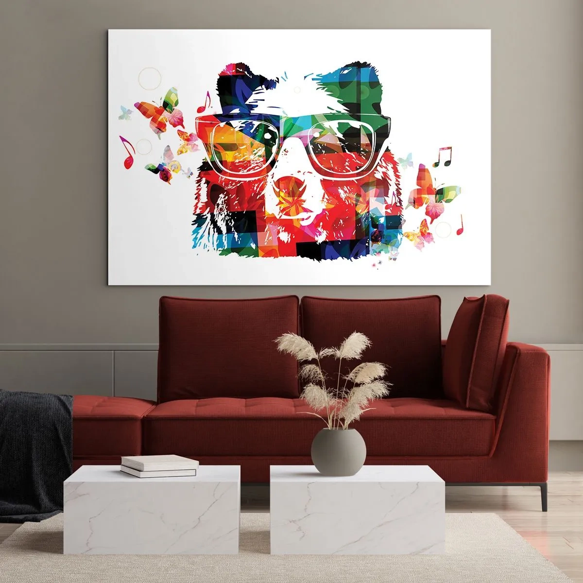 Glasbild - Bild auf glas - Bunter Bär mit Brille im Pop-Art-Stil mit musikalischem Thema - 120x80cm - Ich mag! - Moderne Wanddekoration für Wohnzimmer und Schlafzimmer ARTTOR