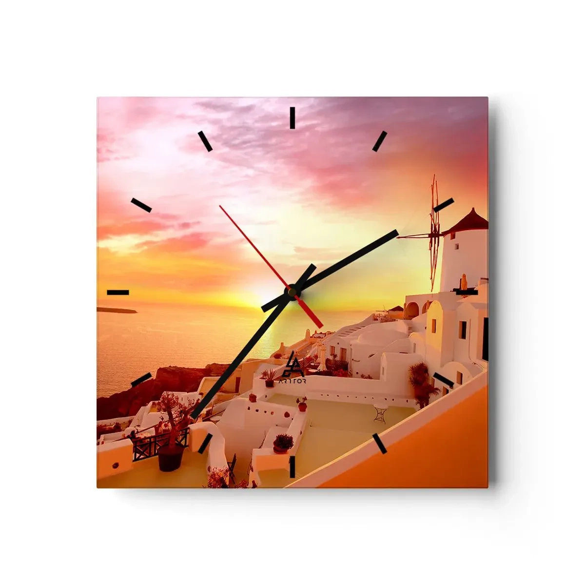 Wanduhr - Glasuhr - Santorini bei Sonnenuntergang mit einer Windmühle - 30x30cm - In Weiß und Gold schmelzen - Moderne Wanddekoration für Wohnzimmer und Schlafzimmer ARTTOR
