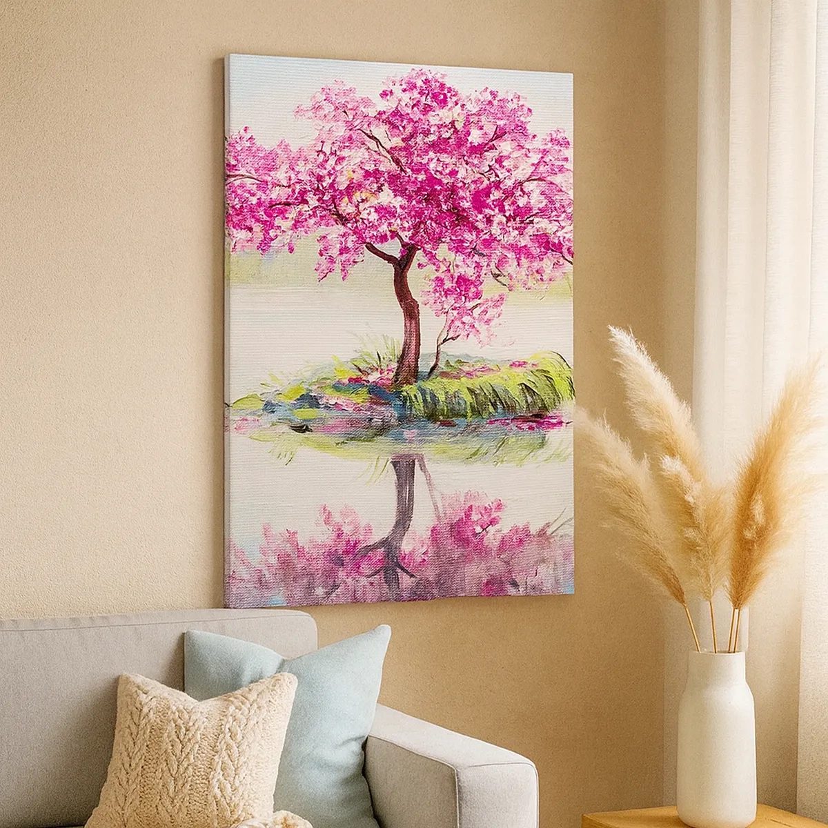 Bild auf Leinwand - Leinwandbild - Ein blühender Baum auf stillem Wasser - 50x70cm - Der Ritus des Frühlings - Moderne Wanddekoration für Wohnzimmer und Schlafzimmer ARTTOR