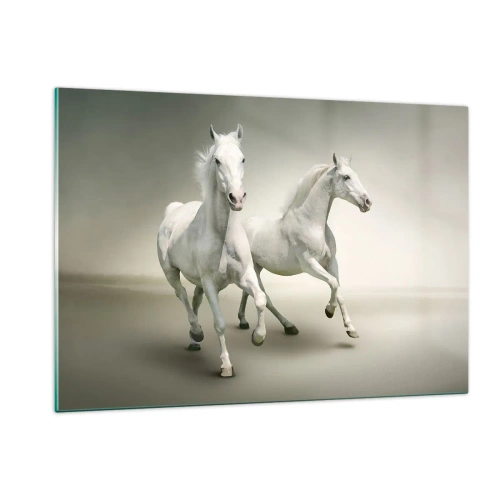 Glasbild - Bild auf glas - Zwei weiße Pferde laufen vor hellem Hintergrund - 120x80cm - Weiße Macht! - Moderne Wanddekoration für Wohnzimmer und Schlafzimmer ARTTOR
