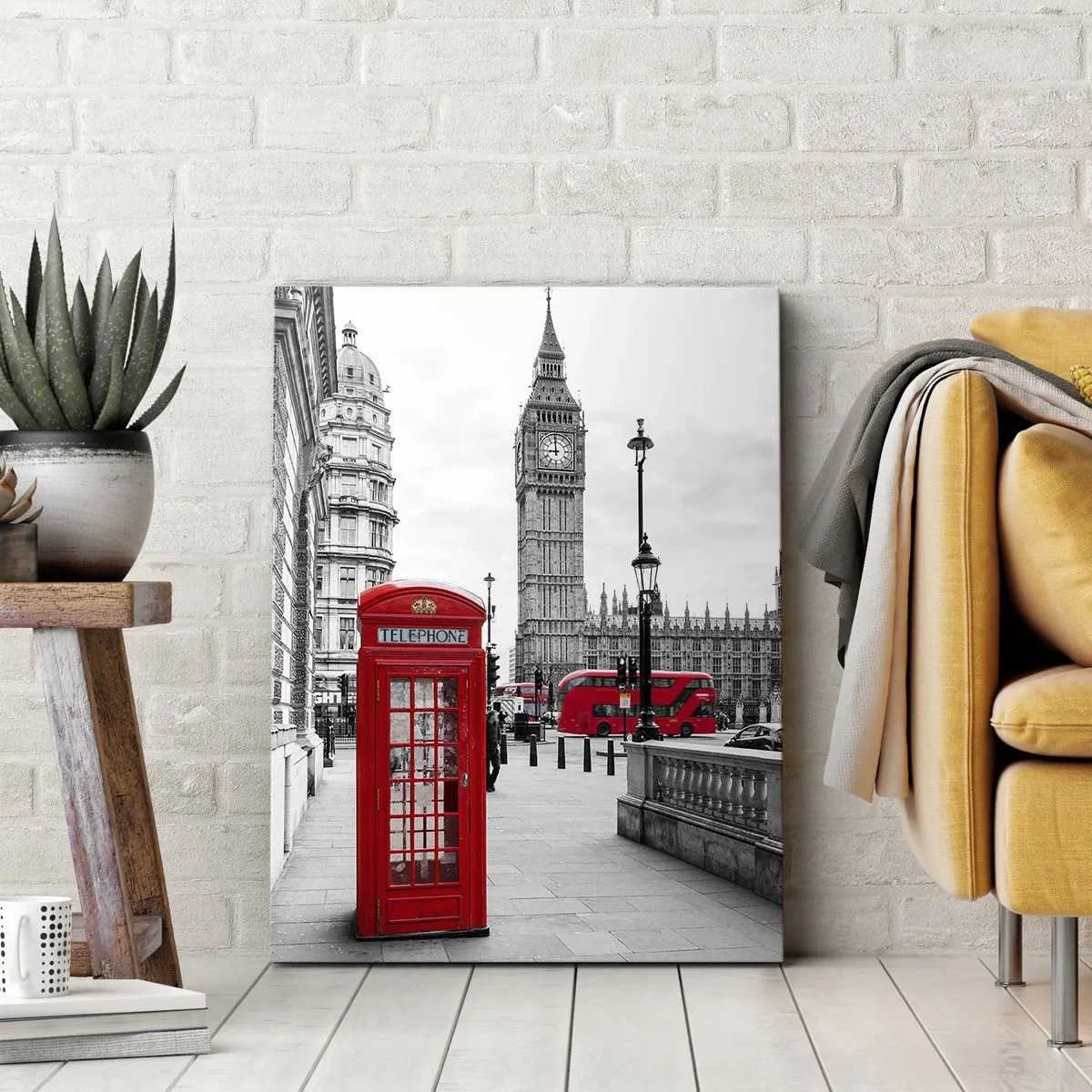 Bild auf Leinwand - Leinwandbild - Eine rote Telefonzelle mit Big Ben im Hintergrund in London - 50x70cm - London, ohne Zweifel - Moderne Wanddekoration für Wohnzimmer und Schlafzimmer ARTTOR