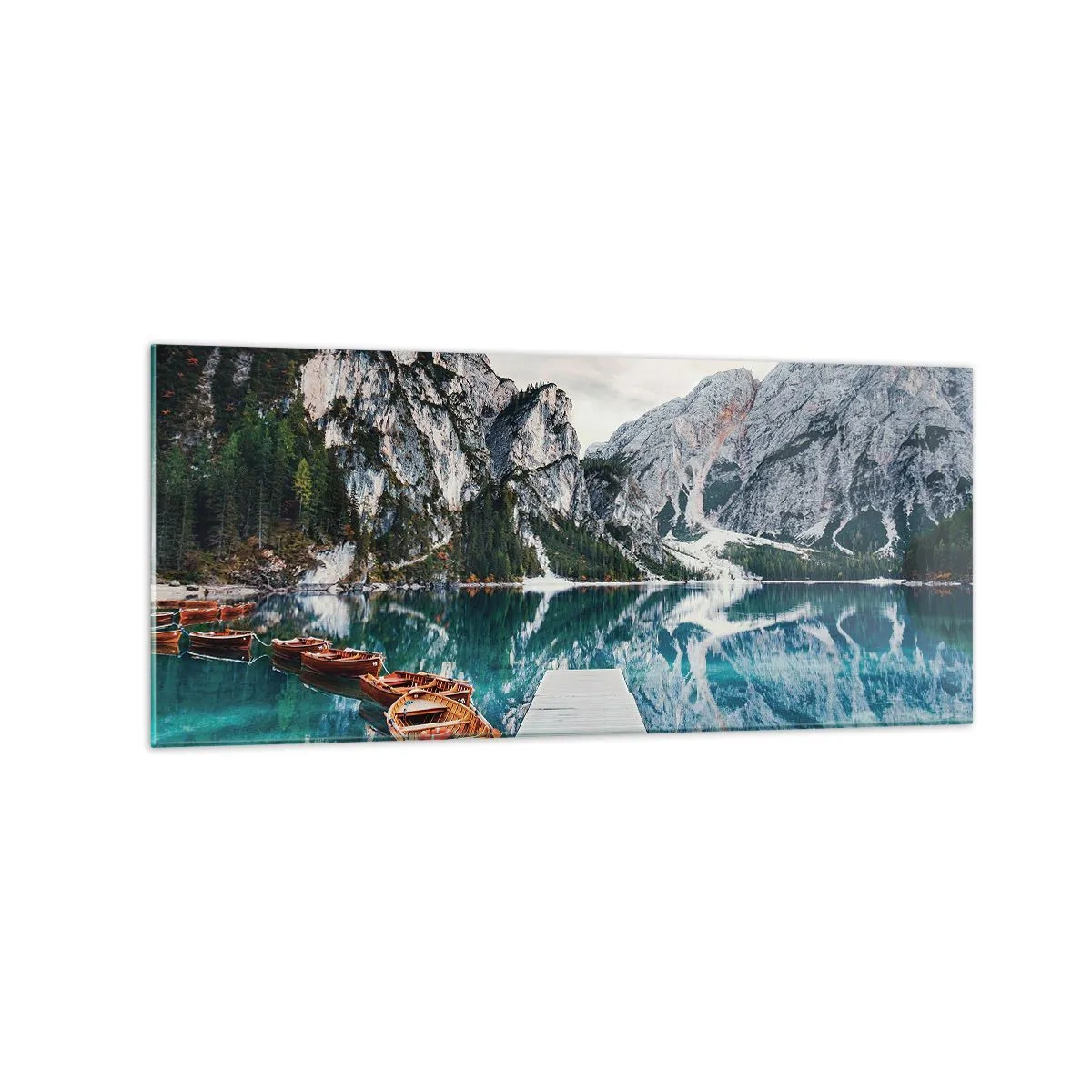 Glasbild - Bild auf glas - Ein See mit Booten, umgeben von Bergen - 120x50cm - Wir zeigen Ihnen Schönheit - Moderne Wanddekoration für Wohnzimmer und Schlafzimmer ARTTOR