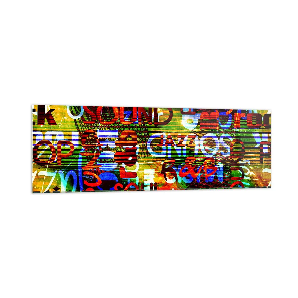 Glasbild - Bild auf glas - Bunte Abstraktion mit Musikinschriften im Pop-Art-Stil - 160x50cm - Alle Farben des Klangs - Moderne Wanddekoration für Wohnzimmer und Schlafzimmer ARTTOR