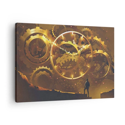 Bild auf Leinwand - Leinwandbild - Goldene Zahnräder in einer surrealen Umgebung mit einer Figur - 70x50cm - An der Quelle der Zeit - Moderne Wanddekoration für Wohnzimmer und Schlafzimmer ARTTOR