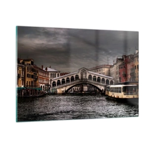 Glasbild - Bild auf glas - Die Rialtobrücke vor bewölktem Himmel - 120x80cm - Das Versprechen eines venezianischen Abends - Moderne Wanddekoration für Wohnzimmer und Schlafzimmer ARTTOR