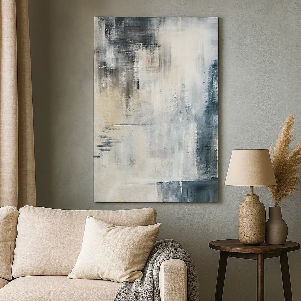 Bild auf Leinwand - Leinwandbild - Abstrakte Komposition in Blau- und Grautönen - 50x70cm - Hinter dem blauen Vorhang - Moderne Wanddekoration für Wohnzimmer und Schlafzimmer ARTTOR