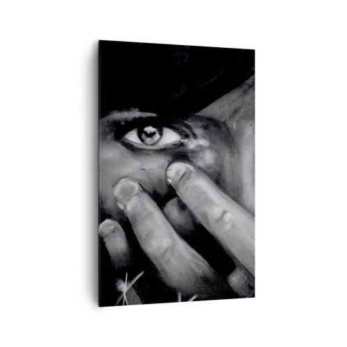 Bild auf Leinwand - Leinwandbild - Schwarz-Weiß-Porträt einer Frau, die ihr Gesicht mit den Händen bedeckt. - 80x120cm - Ich werde nicht sagen, wer es gemalt hat - Moderne Wanddekoration für Wohnzimmer und Schlafzimmer ARTTOR