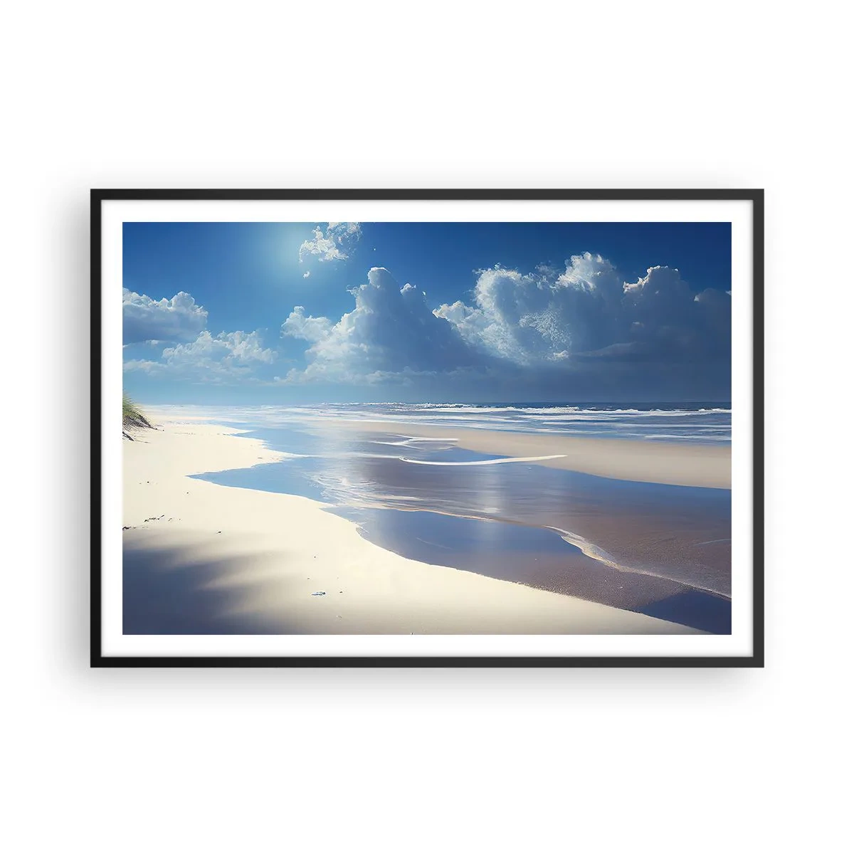 Poster in einem schwarzem Rahmen - Ein Sandstrand mit Wellen unter blauem Himmel - 100x70cm - Paradiesischer Urlaub - Moderne Wanddekoration für Wohnzimmer und Schlafzimmer ARTTOR