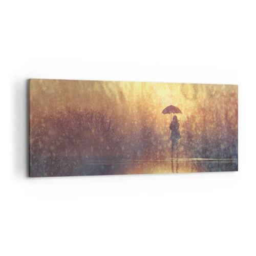 Bild auf Leinwand - Leinwandbild - Eine Figur mit einem Regenschirm in einer nebligen Landschaft voller Reflexionen - 120x50cm - Ich habe das Gefühl, dass mich jemand ansieht - Moderne Wanddekoration für Wohnzimmer und Schlafzimmer ARTTOR