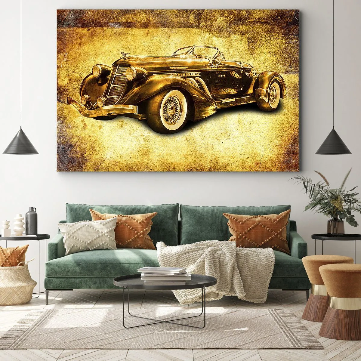 Bild auf Leinwand - Leinwandbild - Ein klassisches goldenes Retro-Cabrio vor einem Vintage-Hintergrund in warmen Farben. - 70x50cm - Elite der Elite - Moderne Wanddekoration für Wohnzimmer und Schlafzimmer ARTTOR