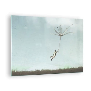 Glasbild - Bild auf glas - Ein Junge fliegt mit einem Löwenzahnsamen über eine Wiese - 70x50cm - Drachen, Löwenzahn, Wind - Moderne Wanddekoration für Wohnzimmer und Schlafzimmer ARTTOR