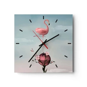 Wanduhr - Glasuhr - Ein rosa Flamingo balanciert auf einem Blumenball - 30x30cm - Basketball-Allegorie - Moderne Wanddekoration für Wohnzimmer und Schlafzimmer ARTTOR