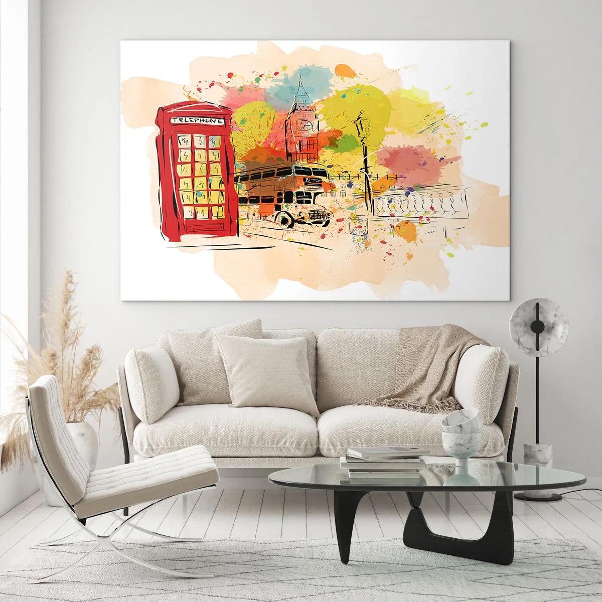 Glasbild - Bild auf glas - Eine rote Telefonzelle, ein Doppeldeckerbus und Big Ben - 120x80cm - Die Stadt der Vielfalt - Moderne Wanddekoration für Wohnzimmer und Schlafzimmer ARTTOR