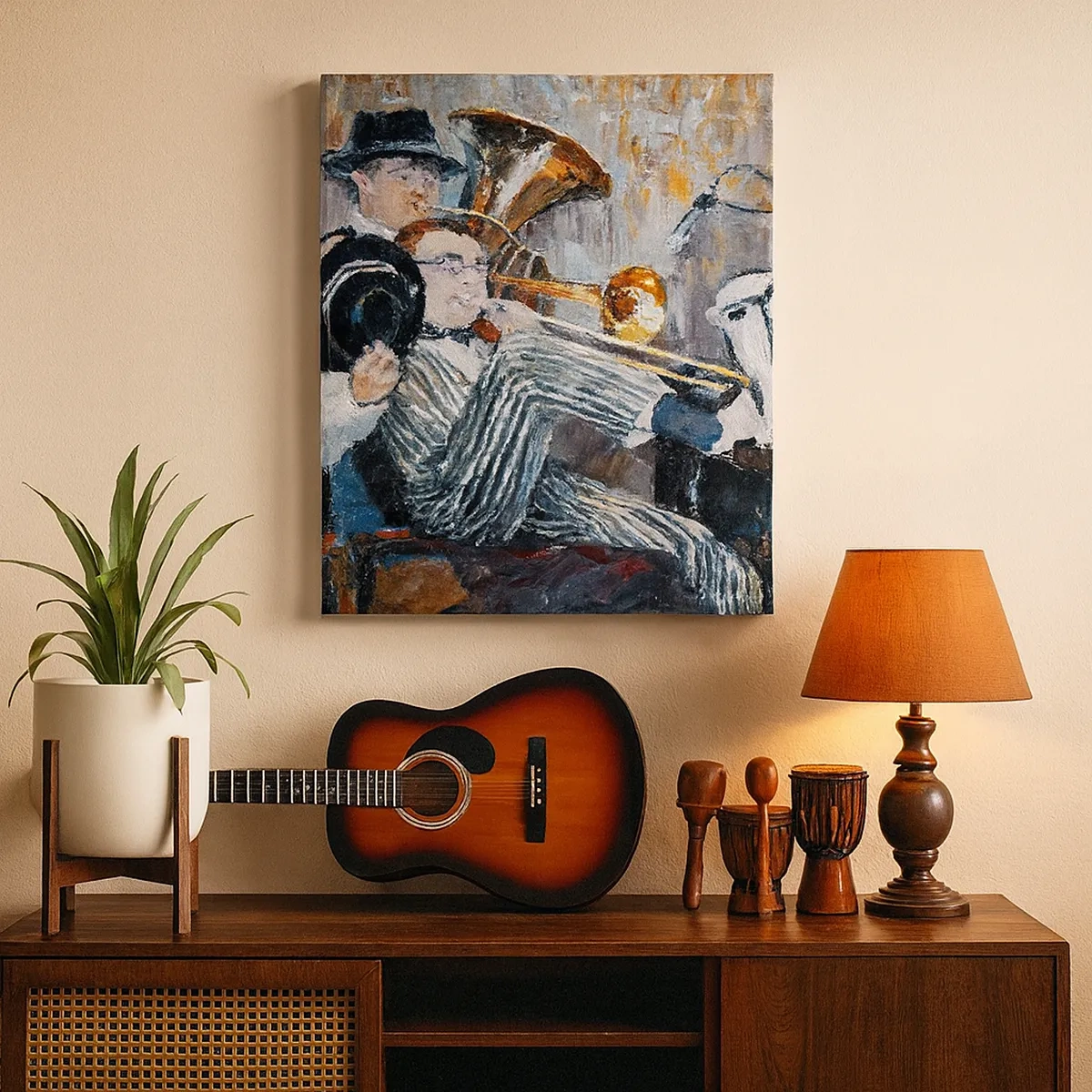 Bild auf Leinwand - Leinwandbild - Jazzmusiker im malerischen Stil während eines Konzerts - 50x70cm - Der ganze Jazz - Moderne Wanddekoration für Wohnzimmer und Schlafzimmer ARTTOR