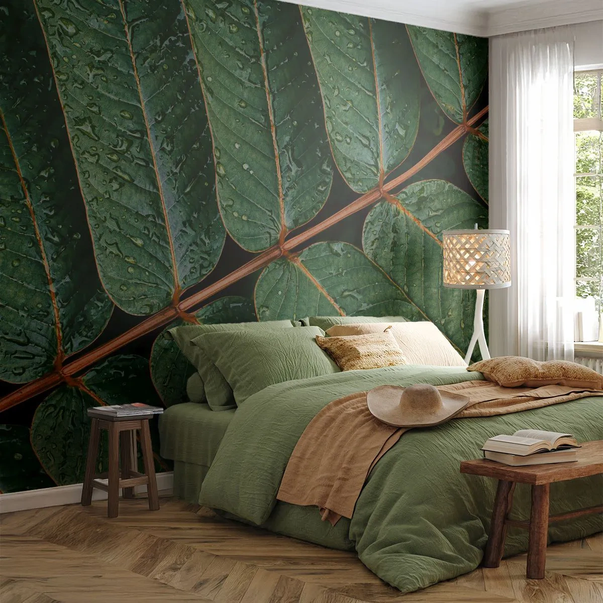 Fototapete Premium Sand - Grüne Blätter mit Wassertropfen in der Makrofotografie - 100x70cm - Im grünen Rhythmus - Moderne Wanddekoration für Wohnzimmer und Schlafzimmer ARTTOR