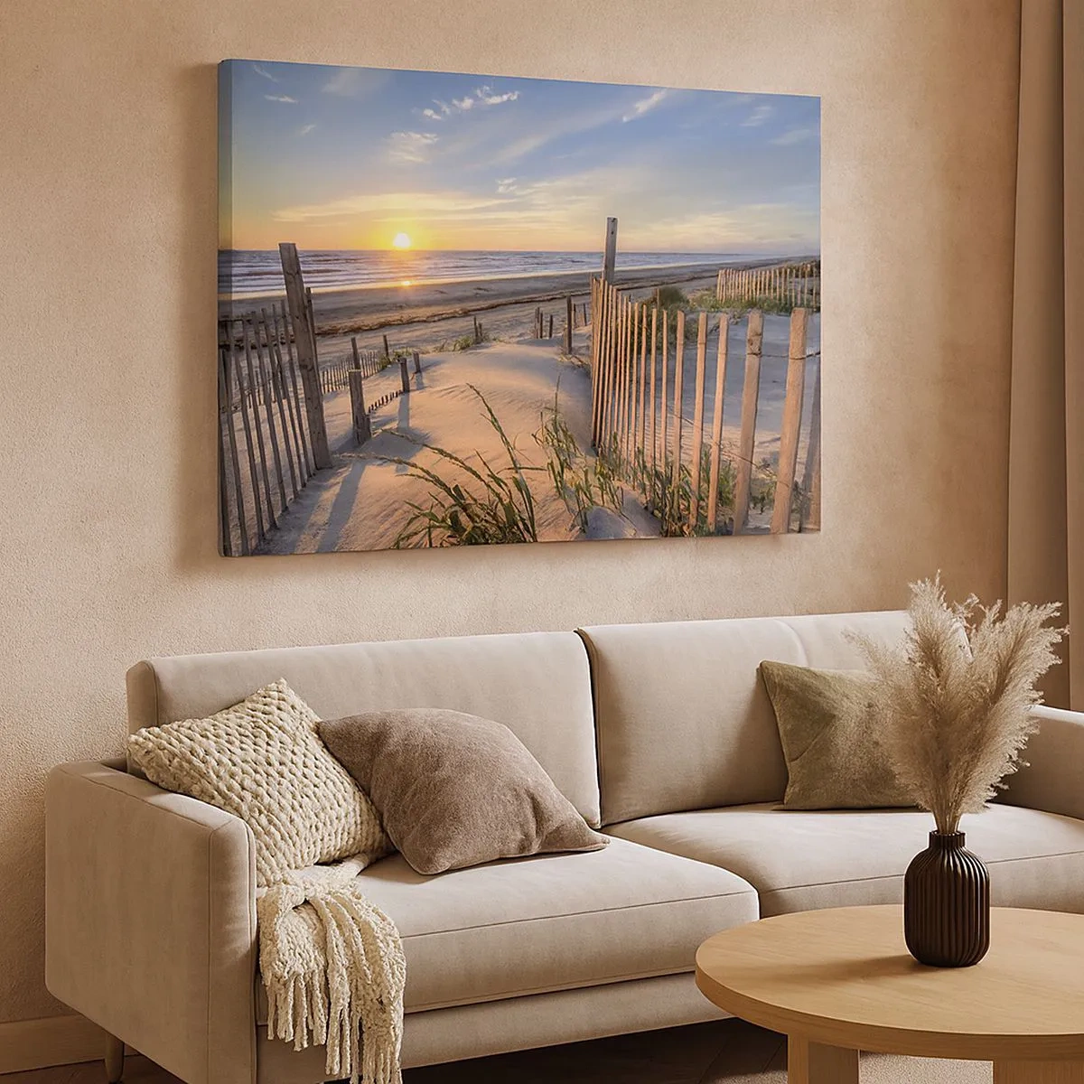 Bild auf Leinwand - Leinwandbild - Sonnenuntergangsstrand mit Holzzaun - 70x50cm - Schein und Schatten des Windes - Moderne Wanddekoration für Wohnzimmer und Schlafzimmer ARTTOR