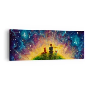 Bild auf Leinwand - Leinwandbild - Figuren auf einem grünen Hügel, umgeben von einem Sternenhimmel - 140x50cm - Liebe und Freundschaft - die ganze Welt - Moderne Wanddekoration für Wohnzimmer und Schlafzimmer ARTTOR
