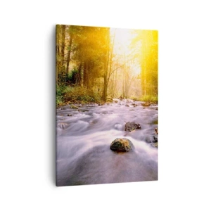 Bild auf Leinwand - Leinwandbild - Ein Waldbach, beleuchtet von den Sonnenstrahlen - 50x70cm - Malachit im Silber- und Goldrahmen - Moderne Wanddekoration für Wohnzimmer und Schlafzimmer ARTTOR