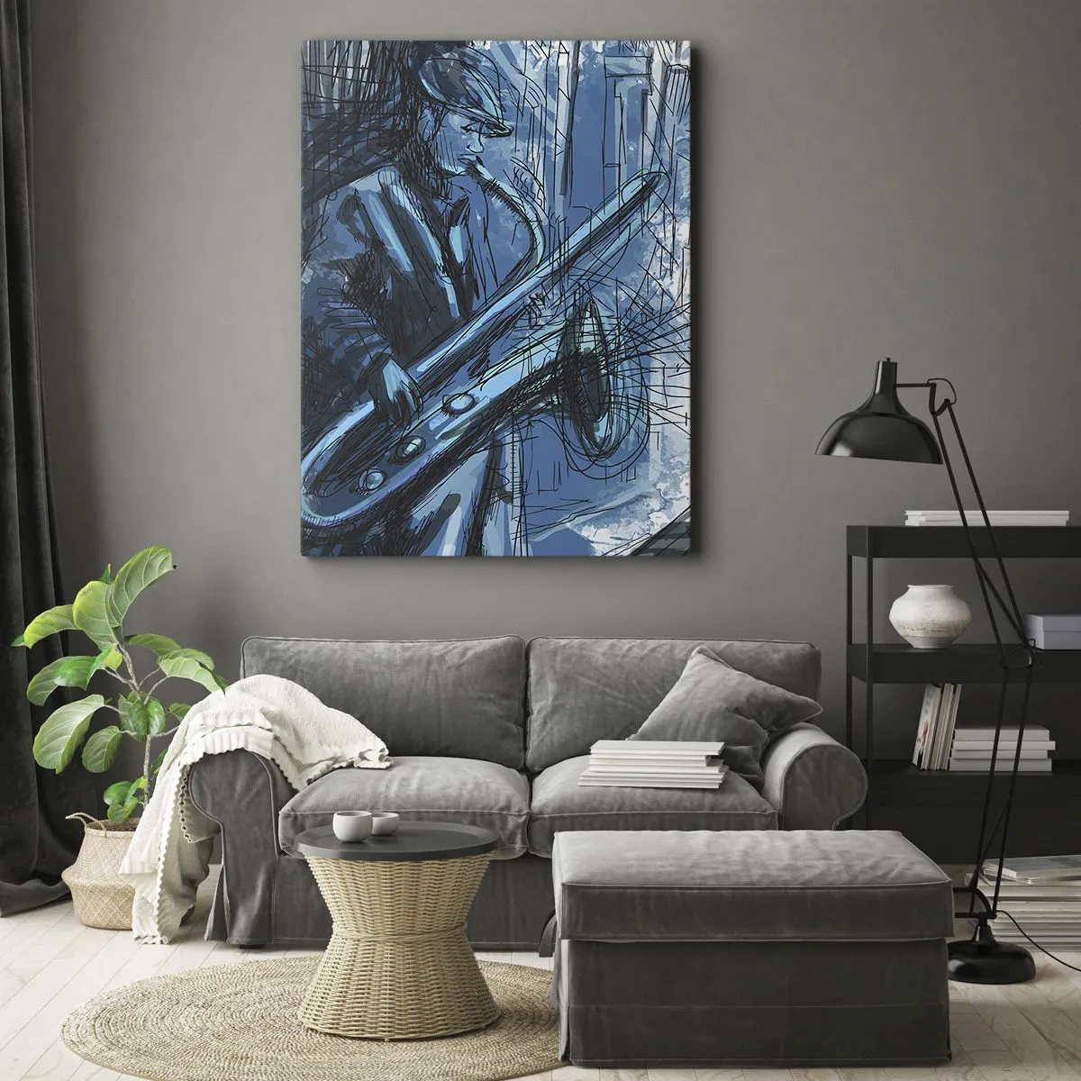 Bild auf Leinwand - Leinwandbild - Eine Saxophon spielende Figur vor dem Hintergrund einer Stadt - 50x70cm - Urbane Rhapsodie - Moderne Wanddekoration für Wohnzimmer und Schlafzimmer ARTTOR