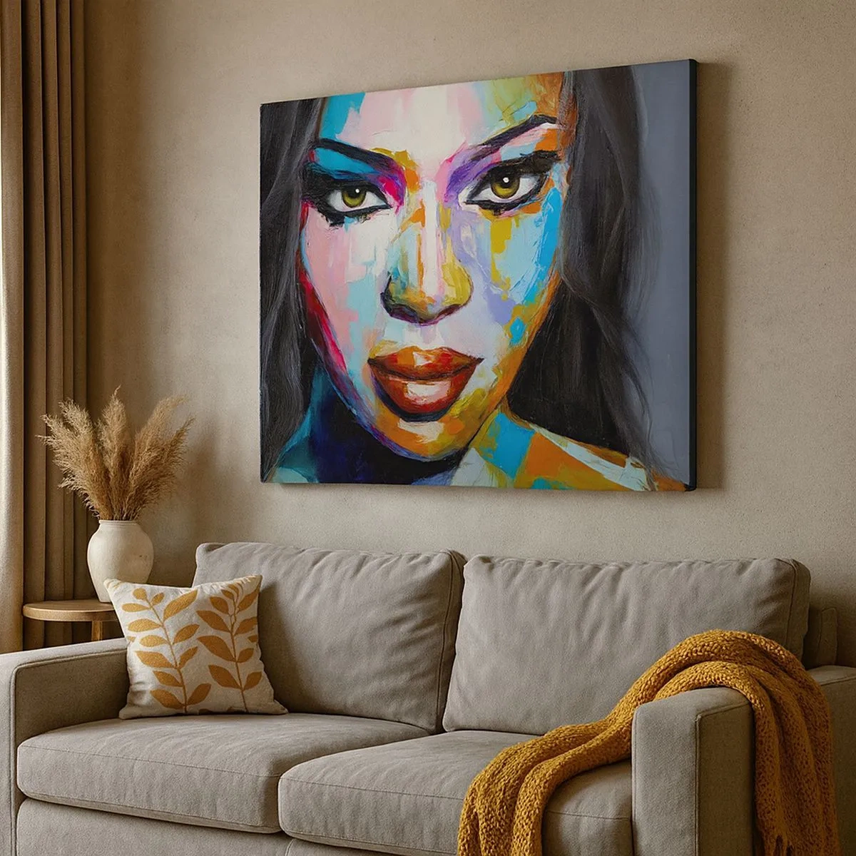 Bild auf Leinwand - Leinwandbild - Ein farbenfrohes Porträt einer Frau mit intensivem Blick - 70x50cm - Es ist unmöglich die Augen abzuwenden - Moderne Wanddekoration für Wohnzimmer und Schlafzimmer ARTTOR