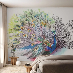 Selbstklebende Fototapete Deluxe Sticker - Mit Stolz gegen Grau - Vogel, Pfau, Gefieder - 500x350 cm
