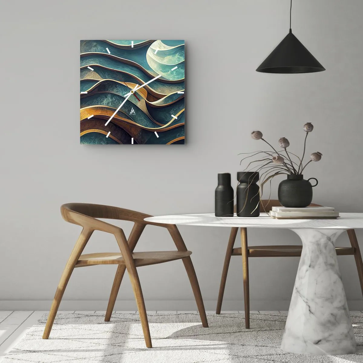 Wanduhr - Glasuhr - Abstrakte Wellen in Türkis- und Goldtönen - 30x30cm - Blaue Mäander - Moderne Wanddekoration für Wohnzimmer und Schlafzimmer ARTTOR