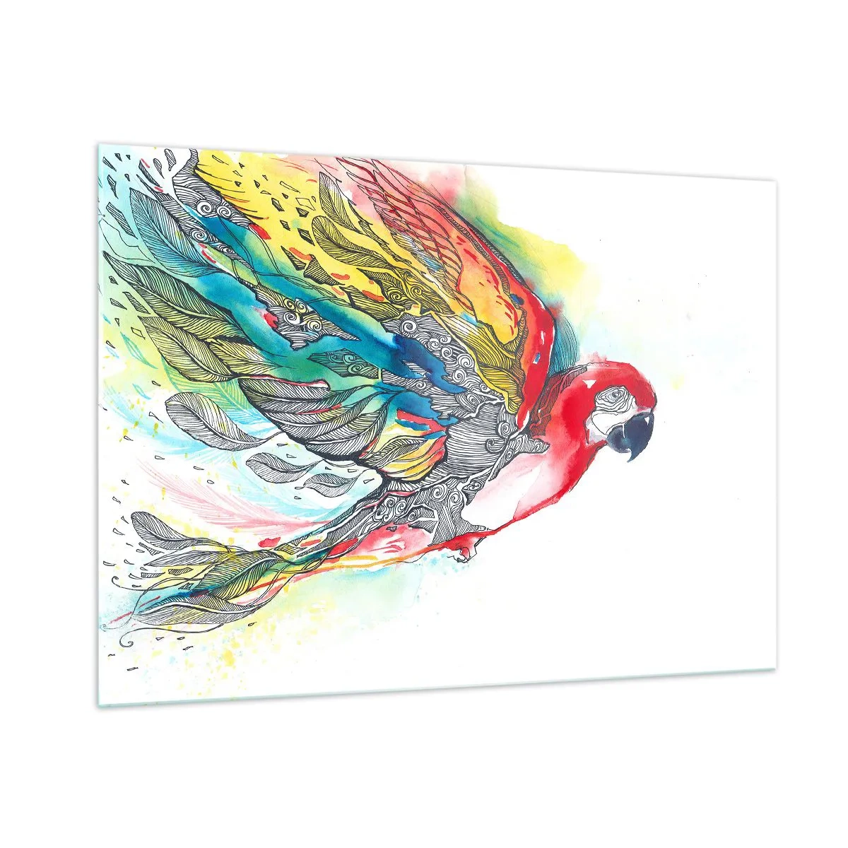 Glasbild - Bild auf glas - Bunter Papagei mit künstlerischen Flügeln und Details - 100x70cm - Leben Sie bunt - Moderne Wanddekoration für Wohnzimmer und Schlafzimmer ARTTOR