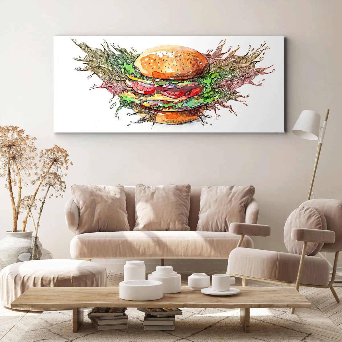 Bild auf Leinwand - Leinwandbild - Künstlerische Darstellung eines Burgers mit dynamischen Elementen - 140x50cm - Heiße Versuchung - Moderne Wanddekoration für Wohnzimmer und Schlafzimmer ARTTOR