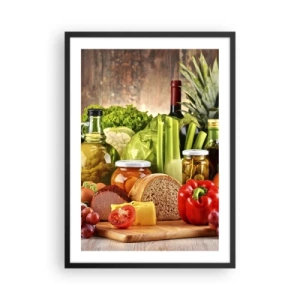 Poster in einem schwarzem Rahmen - Buntes Gemüse und Lebensmittel auf einem hölzernen Hintergrund - 50x70cm - Geräuchert, gebacken und eingelegt - Moderne Wanddekoration für Wohnzimmer und Schlafzimmer ARTTOR