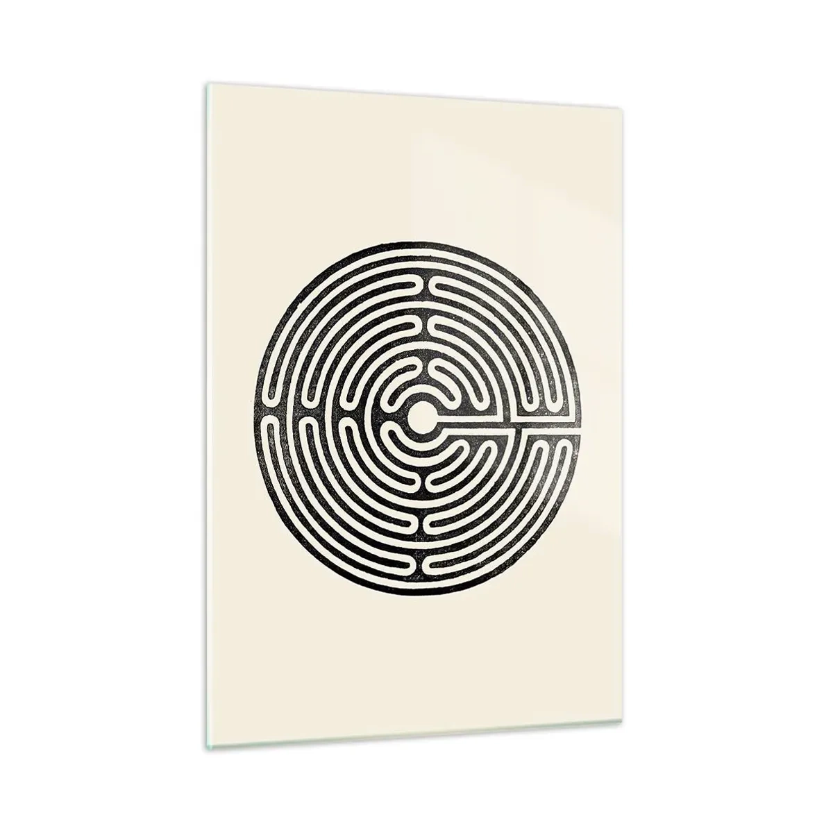 Glasbild - Bild auf glas - Ein schwarz-weißes Labyrinth in kreisförmiger Form auf hellem Hintergrund. - 50x70cm - Geheimnisvolle Ordnung - Moderne Wanddekoration für Wohnzimmer und Schlafzimmer ARTTOR