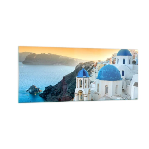 Glasbild - Bild auf glas - Santorini - an die Felsen gekuschelt - 100x40 cm
