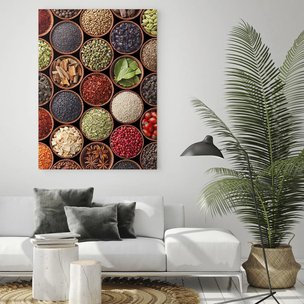 Glasbild - Bild auf glas - Bunte Gewürze in runden Behältern - 80x120cm - Alle Aromen der Welt - Moderne Wanddekoration für Wohnzimmer und Schlafzimmer ARTTOR