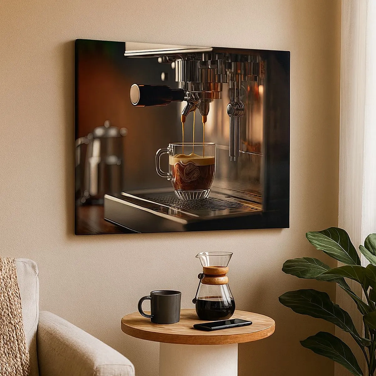 Bild auf Leinwand - Leinwandbild - Kaffeemaschine mit einer Tasse aromatischem Espresso - 70x50cm - Sinnliche Mischung - Moderne Wanddekoration für Wohnzimmer und Schlafzimmer ARTTOR