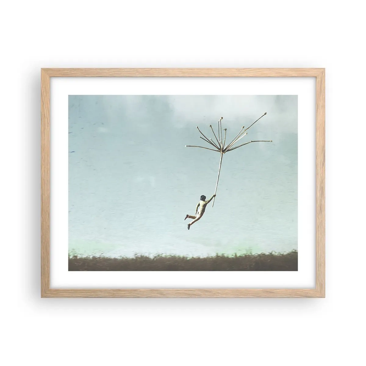 Poster in einem Rahmen aus heller Eiche - Drachen, Löwenzahn, Wind - 50x40 cm