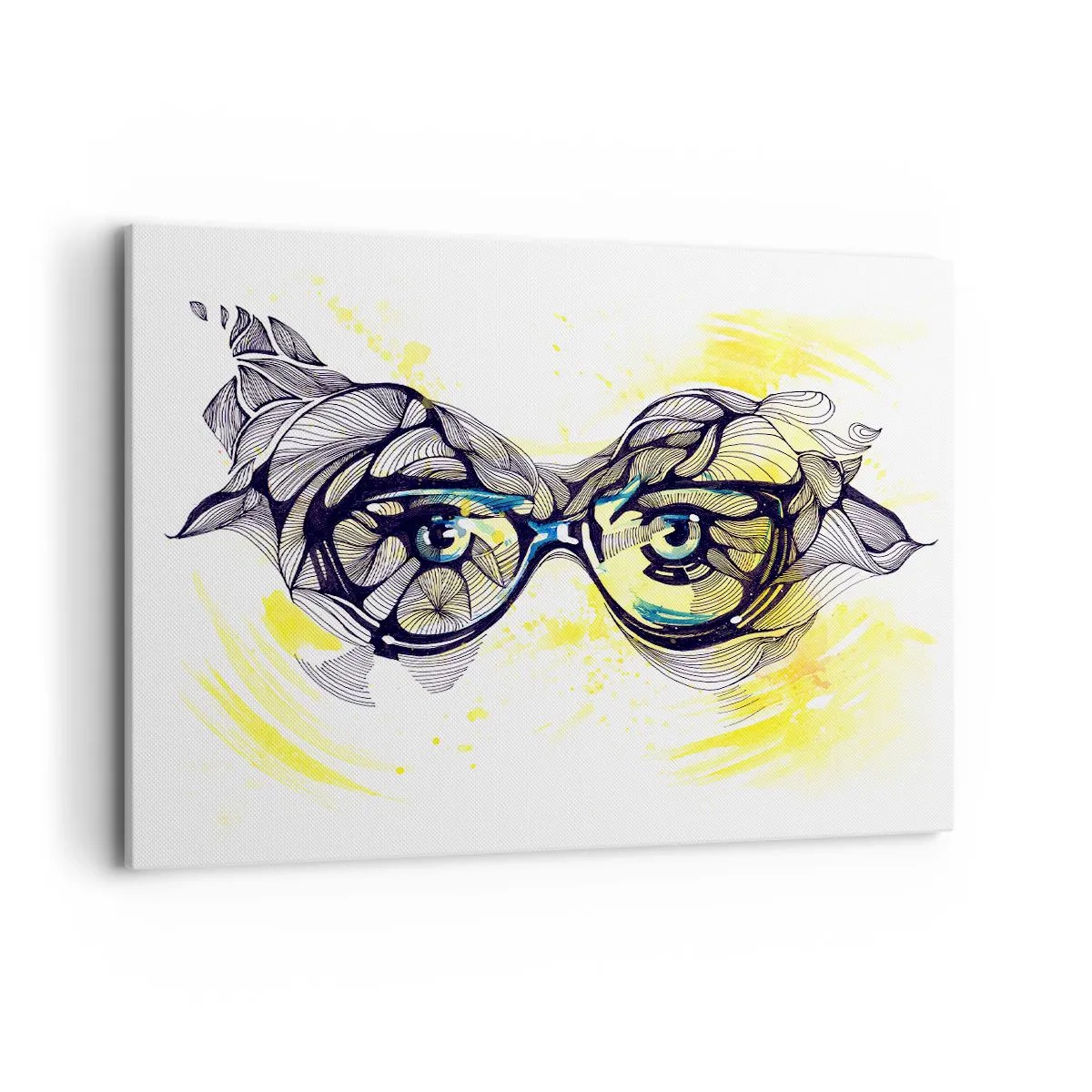 Bild auf Leinwand - Leinwandbild - Künstlerische Grafik einer Brille mit ausdrucksstarken Augen - 100x70cm - Durch blaue Brille - Moderne Wanddekoration für Wohnzimmer und Schlafzimmer ARTTOR