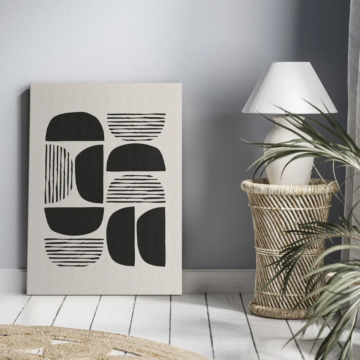 Bild auf Leinwand - Leinwandbild - Geometrie mit Halbkreisen und Linien in Schwarz auf hellem Hintergrund - 50x70cm - Halbherzige Deals - Moderne Wanddekoration für Wohnzimmer und Schlafzimmer ARTTOR