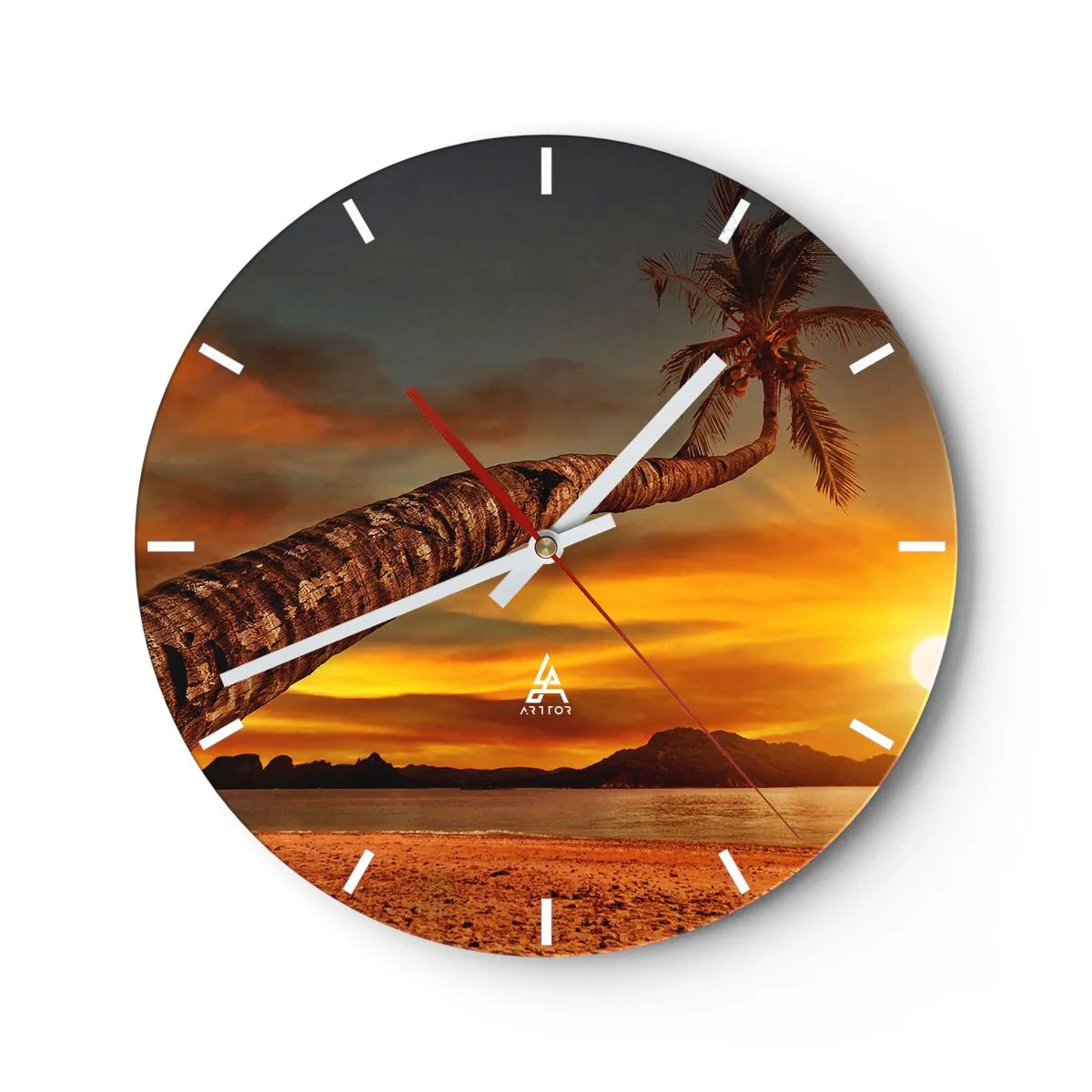 Wanduhr - Glasuhr - Palme am Strand bei Sonnenuntergang - 30x30cm - Exotischer Urlaub, karibisches Abenteuer - Moderne Wanddekoration für Wohnzimmer, Küche und Schlafzimmer ARTTOR