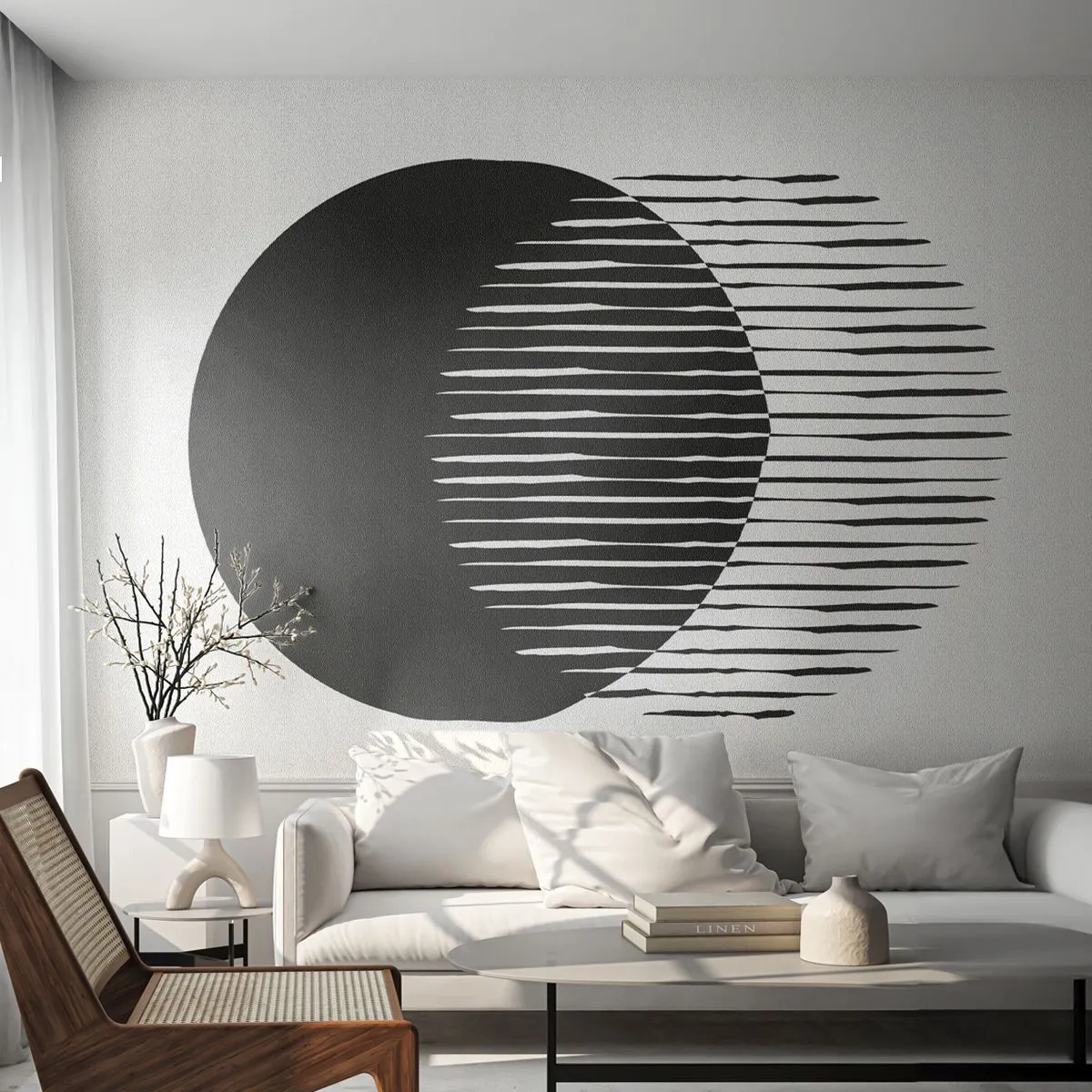 Fototapete Premium Sand - Schwarzer Kreis mit horizontalen Linien auf weißem Hintergrund - 100x70cm - Sein Alter Ego - Moderne Wanddekoration für Wohnzimmer und Schlafzimmer ARTTOR