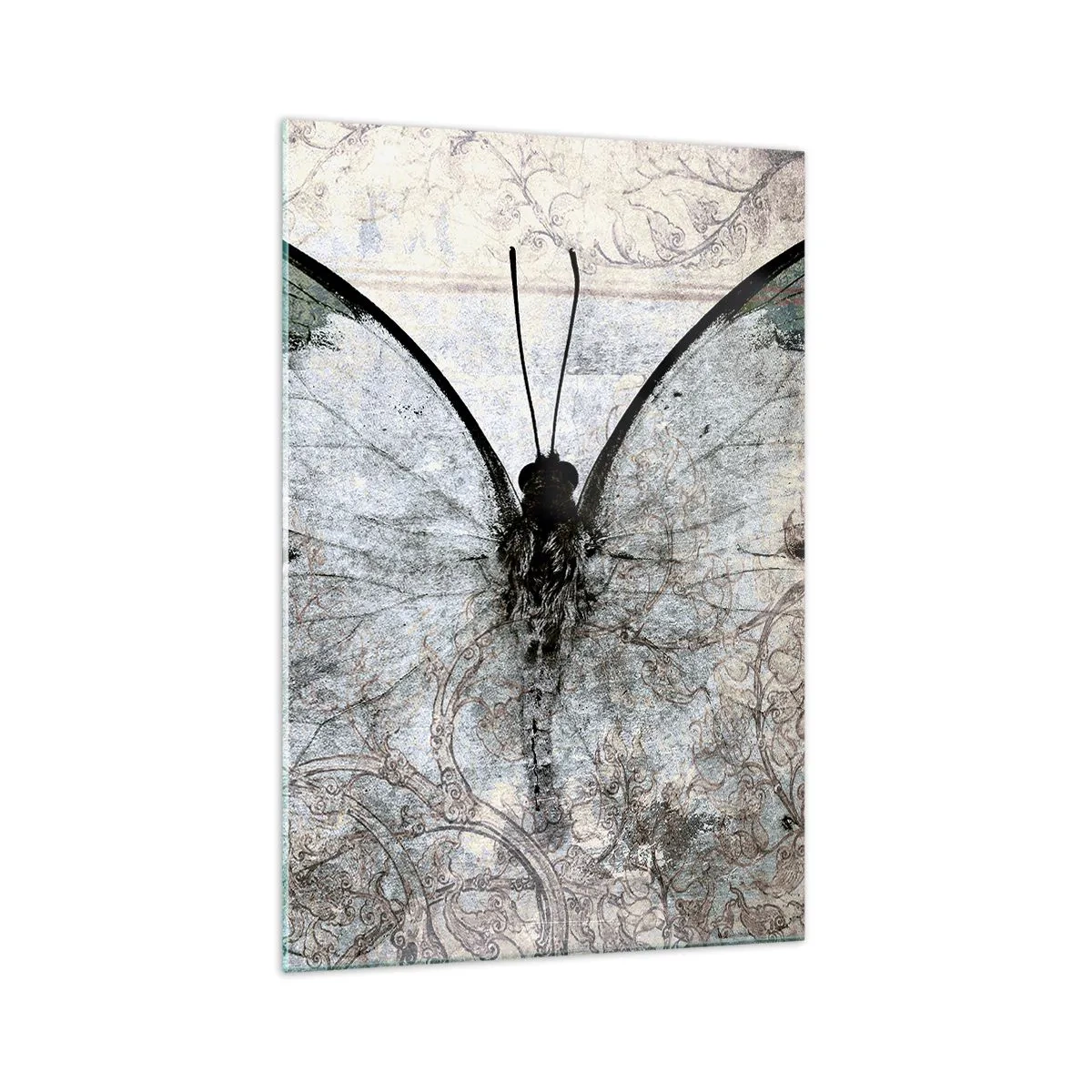 Glasbild - Bild auf glas - Ein Schmetterling in Grün- und Grautönen auf dekorativem Hintergrund - 70x100cm - Im Jugendstil - Moderne Wanddekoration für Wohnzimmer und Schlafzimmer ARTTOR