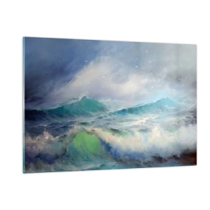 Glasbild - Bild auf glas - Raue Meereswellen mit Vögeln in einem bewölkten Himmel - 120x80cm - Der wind heulte mit Triumph - Moderne Wanddekoration für Wohnzimmer und Schlafzimmer ARTTOR