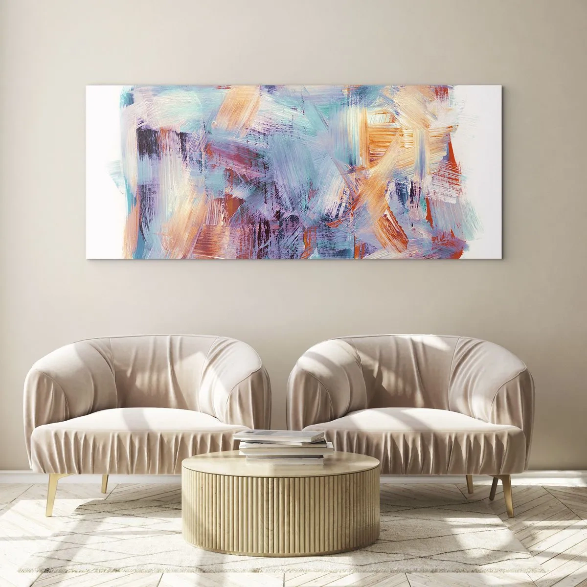 Glasbild - Bild auf glas - Bunte Pinselstriche in einer abstrakten Komposition - 120x50cm - Buntes Durcheinander - Moderne Wanddekoration für Wohnzimmer und Schlafzimmer ARTTOR