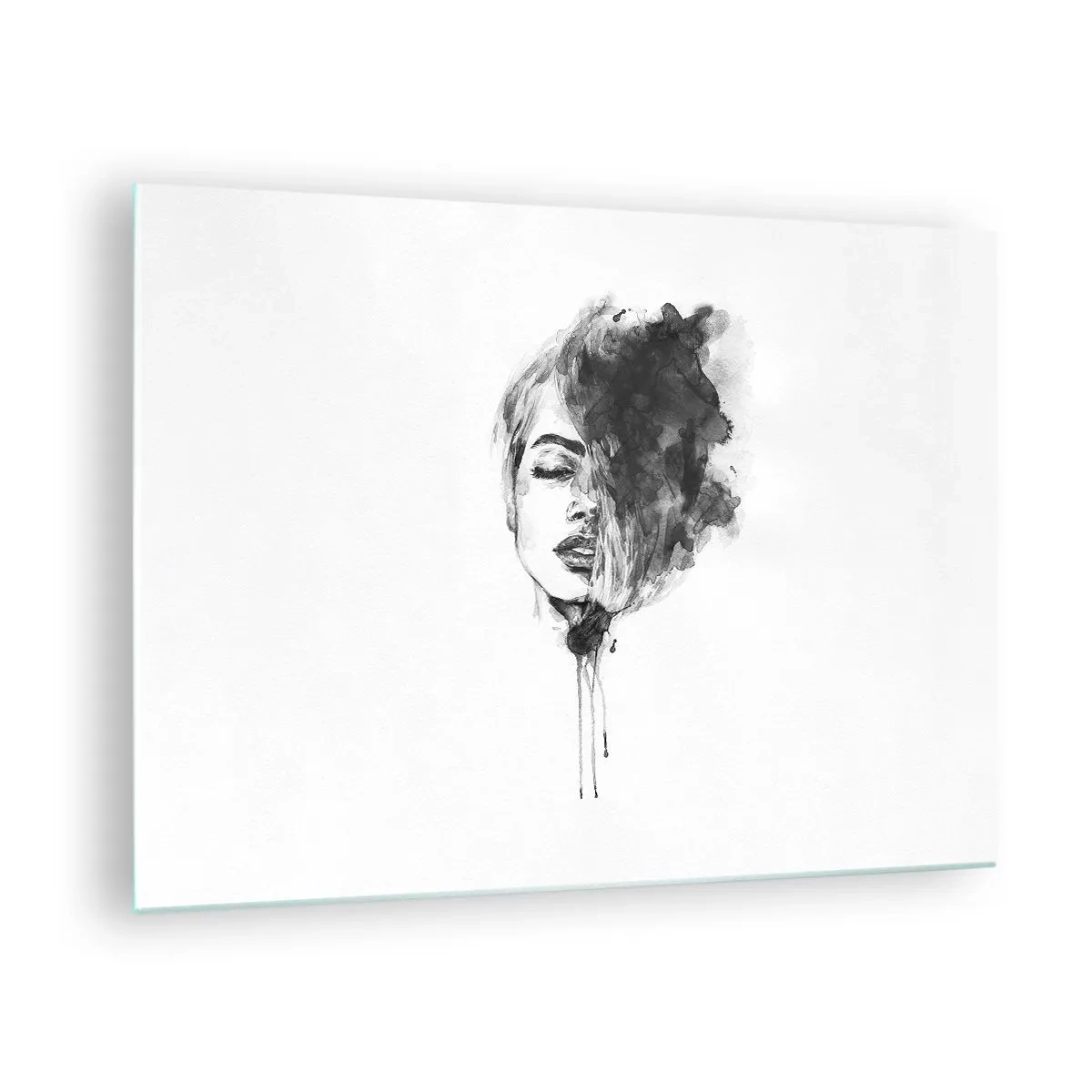 Glasbild - Bild auf glas - Schwarz-Weiß-Porträt einer Frau mit abstraktem Schatten - 70x50cm - Wovon träumt das Mädchen - Moderne Wanddekoration für Wohnzimmer und Schlafzimmer ARTTOR