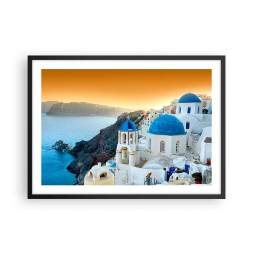 Poster in einem schwarzem Rahmen - Blick auf Santorini mit weißen Gebäuden und blauem Meer - 70x50cm - Santorini - an die Felsen gekuschelt - Moderne Wanddekoration für Wohnzimmer und Schlafzimmer ARTTOR