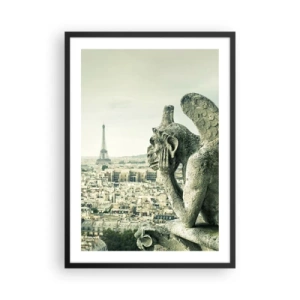 Poster in einem schwarzem Rahmen - Ein Wasserspeier mit Blick auf den Eiffelturm und die Skyline von Paris - 50x70cm - Pariser Plaudern - Moderne Wanddekoration für Wohnzimmer und Schlafzimmer ARTTOR
