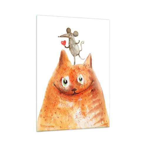Glasbild - Bild auf glas - Eine Katze mit einer Maus auf dem Kopf im humorvollen Stil - 50x70cm - Paradoxien der Liebe - Moderne Wanddekoration für Wohnzimmer und Schlafzimmer ARTTOR
