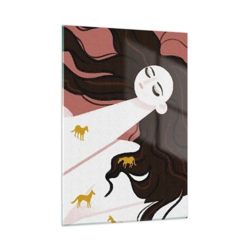 Glasbild - Bild auf glas - Eine Frau mit langen Haaren und goldenen Pferden auf rosa Hintergrund. - 50x70cm - Traum von einem goldenen Pferd - Moderne Wanddekoration für Wohnzimmer und Schlafzimmer ARTTOR