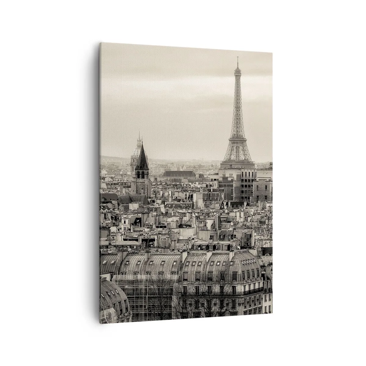 Bild auf Leinwand - Leinwandbild - Panorama von Paris mit dem Eiffelturm in Sepiatönen - 70x100cm - Über den Dächern von Paris - Moderne Wanddekoration für Wohnzimmer und Schlafzimmer ARTTOR