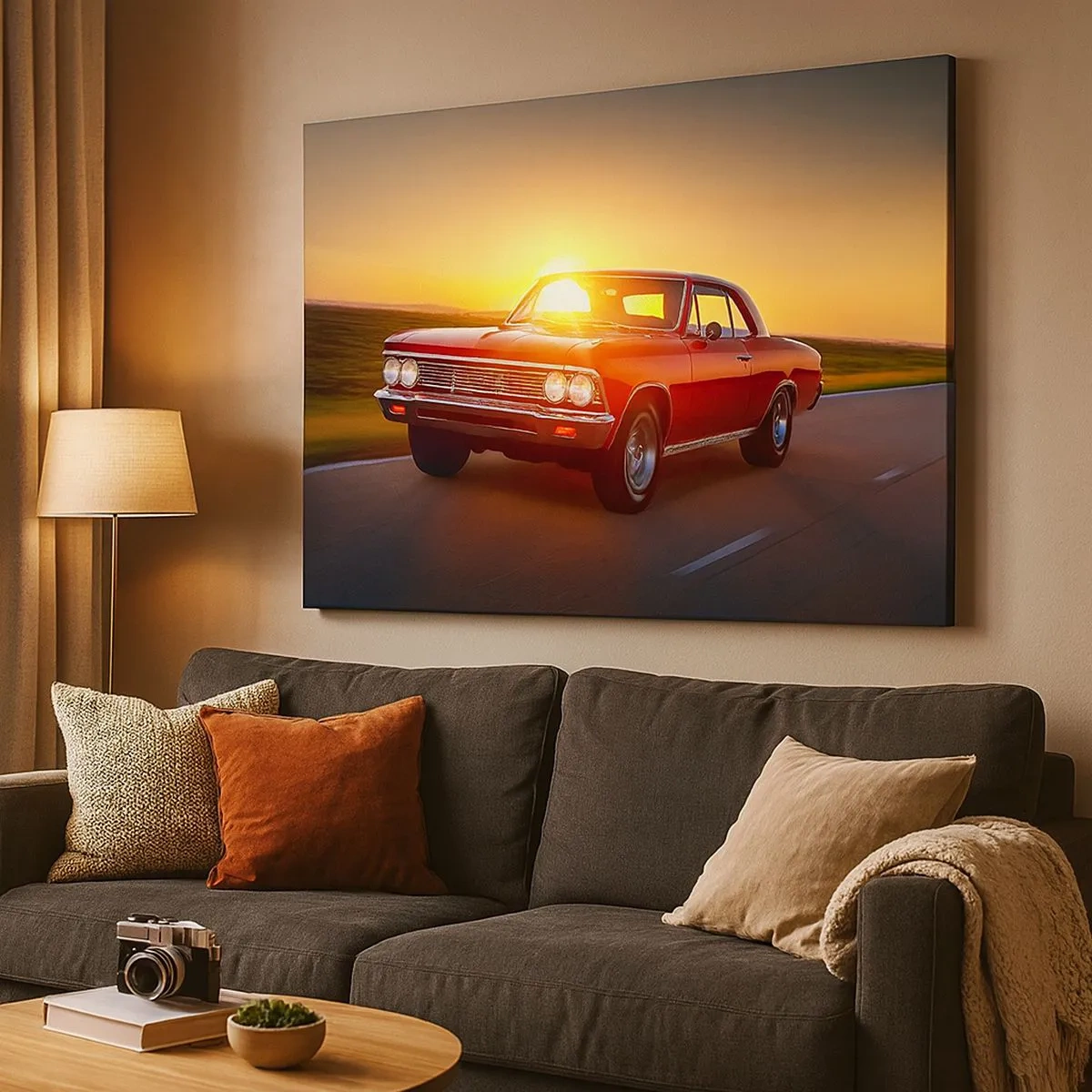 Bild auf Leinwand - Leinwandbild - Ein rotes Auto in der untergehenden Sonne auf einer offenen Straße - 70x50cm - Begehren ist rot - Moderne Wanddekoration für Wohnzimmer und Schlafzimmer ARTTOR