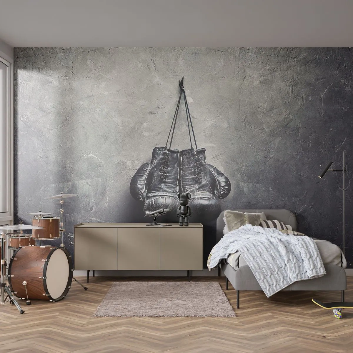 Fototapete Standard Eco - Schwarze Boxhandschuhe hängen an der Wand - 100x70cm - Zeit des Kampfes und Zeit des Friedens - Moderne Wanddekoration für Wohnzimmer und Schlafzimmer ARTTOR